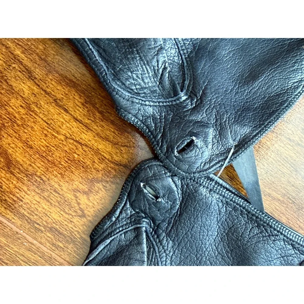 Vintage Black Leather Gloves Women Wrist Length Button Closure Classic Dress